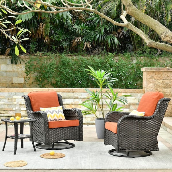 Joyoung Brown 3-Piece Wicker Swivel Outdoor Patio Conversation Seating Set with Orange Red Cushions
