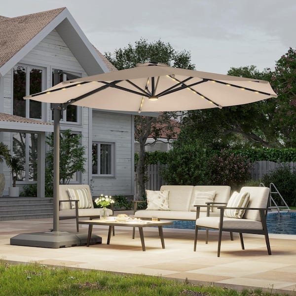 SANLUCE 11 ft. Aluminum Offset Cantilever Patio Umbrella with LED Lights and Water-Repellent Canopy in Sand SANLUCE 11 ft. Aluminum Offset Cantilever Patio Umbrella with LED Lights and Water-Repellent Canopy in Sand