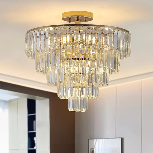 Unbranded 20 in. Semi Flush Mount Round 10-Light Chandelier with 5 Layers of Gold Crystal Shade and Remote Control