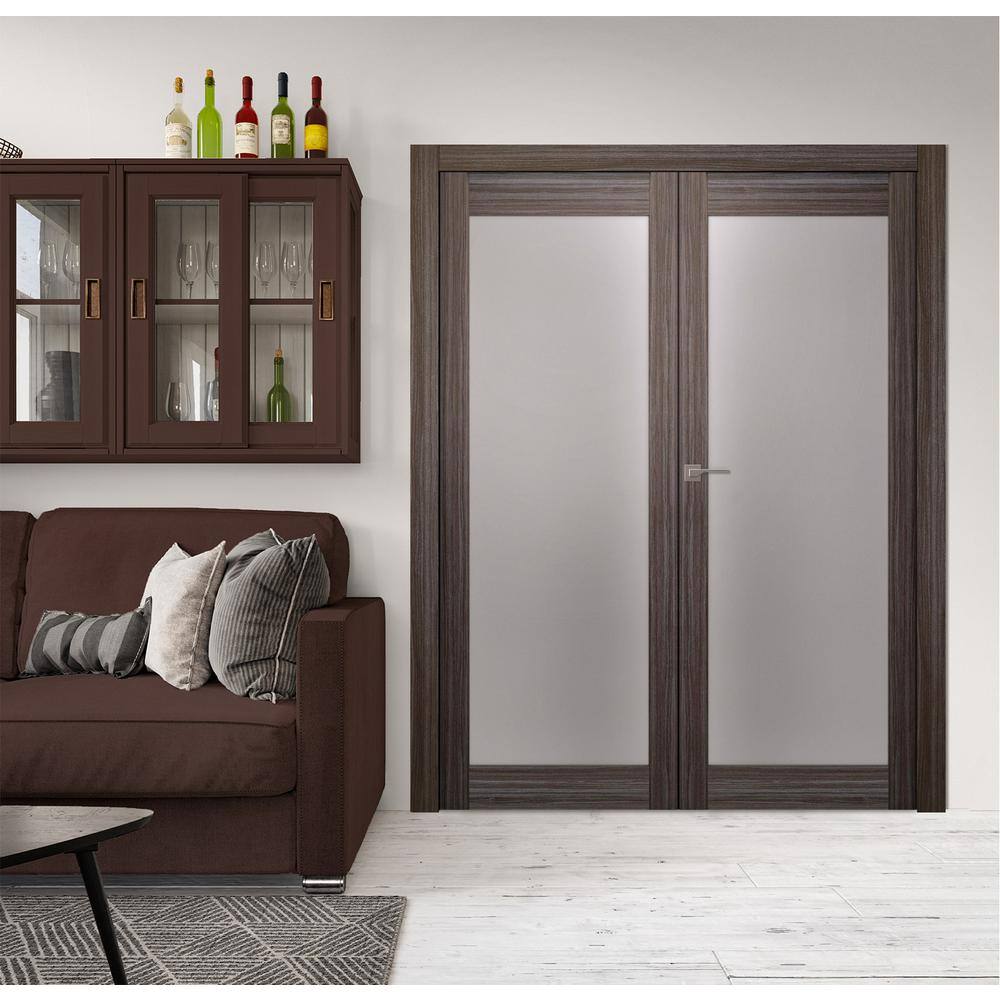 Gray Oak Wood Composite Double Prehung French Door with Frosted Glass