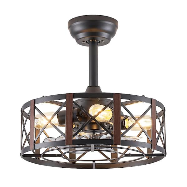 HINNIXY 16 in. Indoor/Covered Outdoor Walnut X-Cage Dwondrod and Angled Mount Ceiling Fan with Light Kit and Remote Control