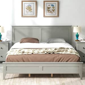 Modern Style 60 in.W Gray Solid Wood Queen Size Platform Bed, Wood Bed Frame With Headboard, No Box Spring Needed