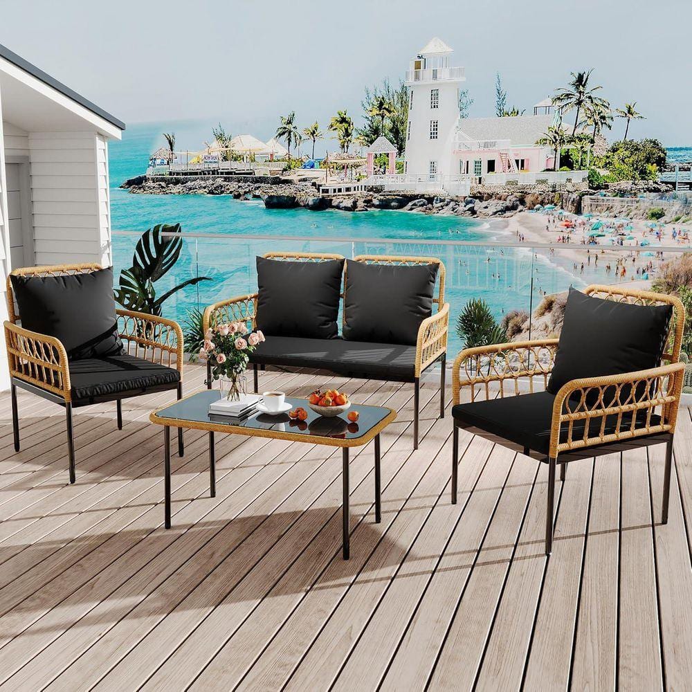 Modern 4-Piece Patio Conversation Set, Black Rattan Chairs, Tempered Glass Table, All-Weather Bistro Set with Cushions