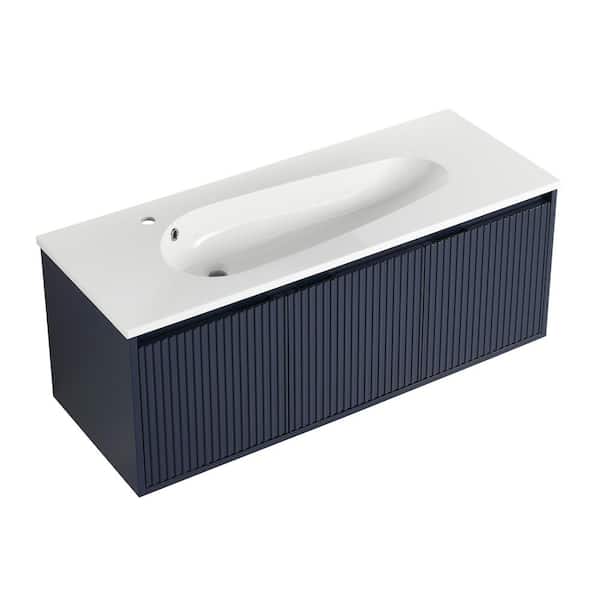 ANGELES HOME 47.6 in. W x 18.2 in. D x 18.2 in. H Drop-Shaped Single Sink Floating Bathroom Vanity in Navy Blue with White Resin Top