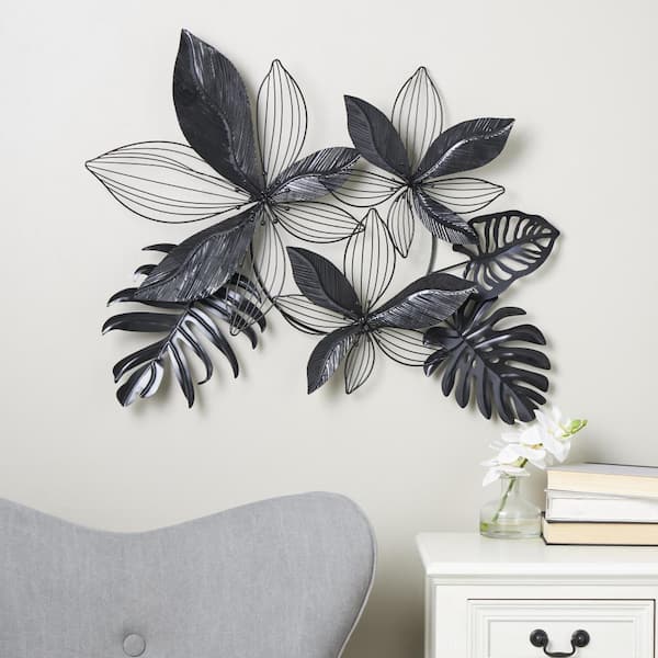 Litton Lane Metal Black Tropical Floral Wall Decor with Wire Accents