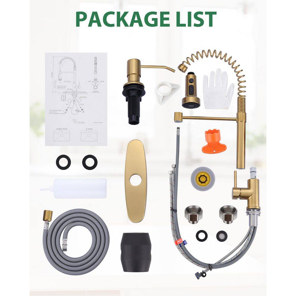 Brushed Gold Stainless Steel Pull Down Kitchen Faucet with Soap Dispenser