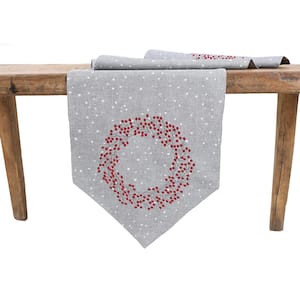 16 in. x 36 in. Holly Berry Wreath Embroidered Christmas Table Runner, Gray