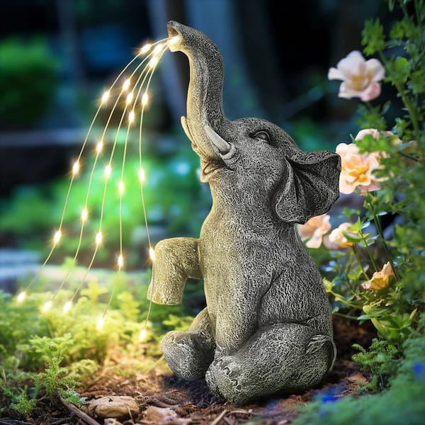 Solar Garden Decor Watering Elephant Statues, Elephant Ornament for Balcony, Garden, Patio and Yard