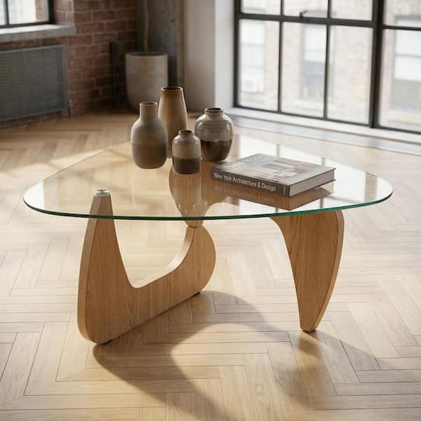 35.82 in. Clear Triangle Glass Coffee Table with Brown Legs for Living Room, Bedroom