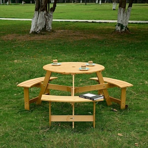 63 in. Yellow Round Wood Picnic Table Seats 6 People with Umbrella Hole