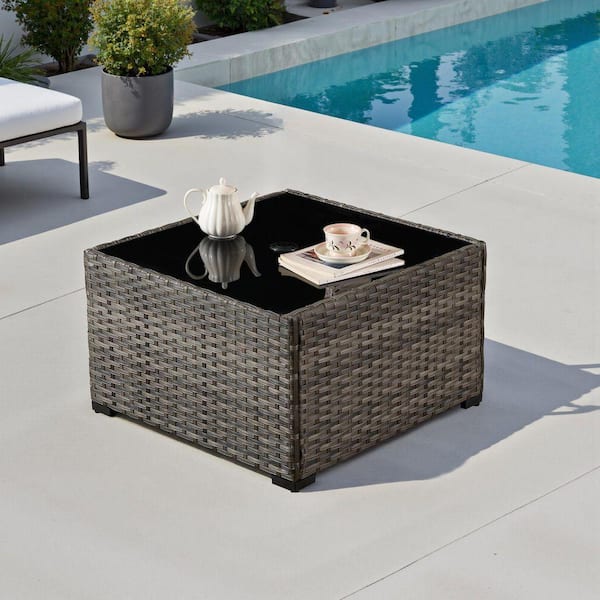 OculusG Square Wicker Outdoor Patio Coffee Table with Tempered-Glass Top and Umbrella Hole