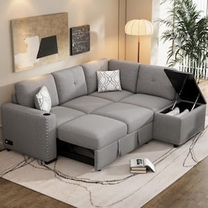 83.8 in. Light Gray Chenille Twin Size Pull-Out Sofa Bed L Shaped Sectional Sofa with Built-in Storage and USB Ports