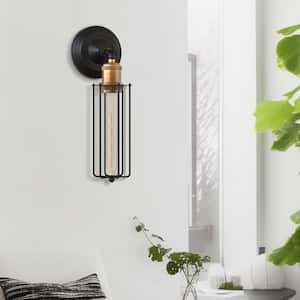 Industrial Farmhouse 10.63 in. 1 Black Wall Sconce with Dimmable Caged Shade