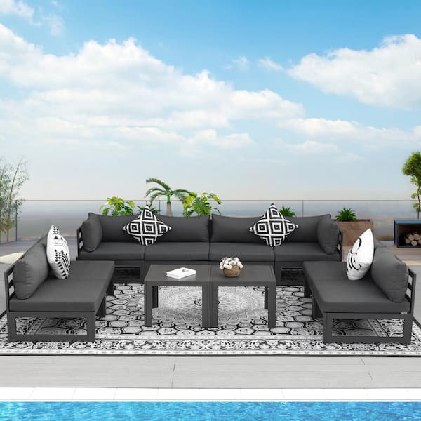 FINCATI 10 Piece Large Outdoor Charcoal Aluminum Patio Conversation Sectional Set with Gray Cushions and Coffee Tables