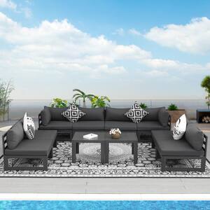 10 Piece Large Outdoor Charcoal Aluminum Patio Conversation Sectional Set with Gray Cushions and Coffee Tables