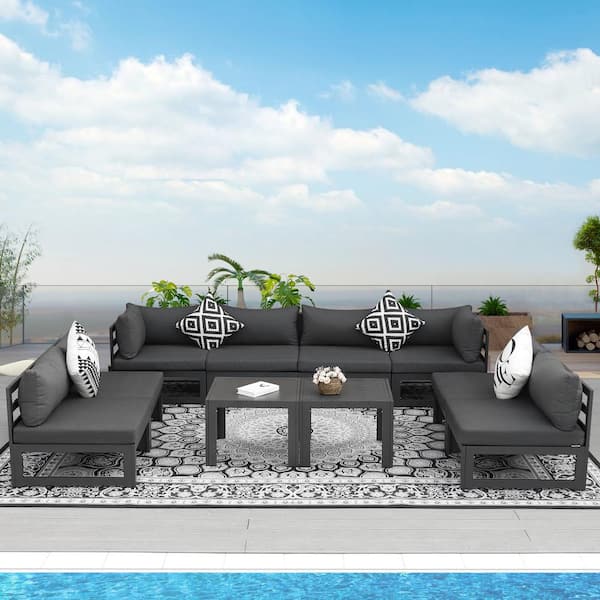 NICESOUL 10 Piece Large Outdoor Charcoal Aluminum Patio Conversation Sectional Set with Gray Cushions and Coffee Tables