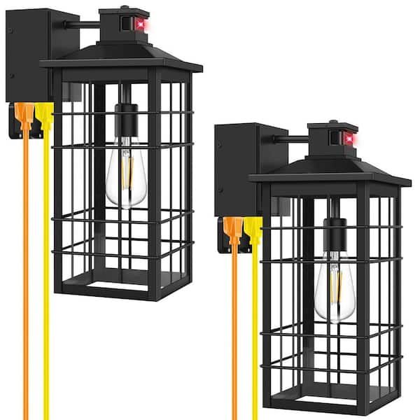 2-pack 18 in. Large Motion Sensor Outdoor Light Fixtures with GFCI Outlets, Black