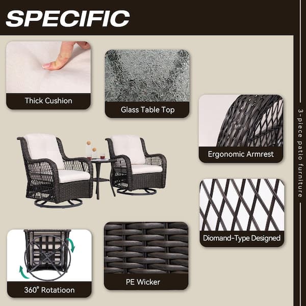 3-Piece Brown Wicker Outdoor Swivel Rocking Chair Set with Cream Cushions Patio Conversation Set (2-Chair)