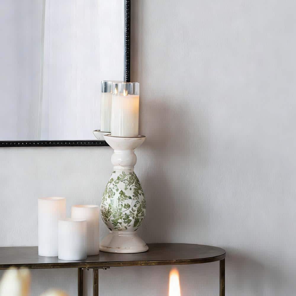 White Ceramic Candle Holder Set of 2, Candle Tray with Green