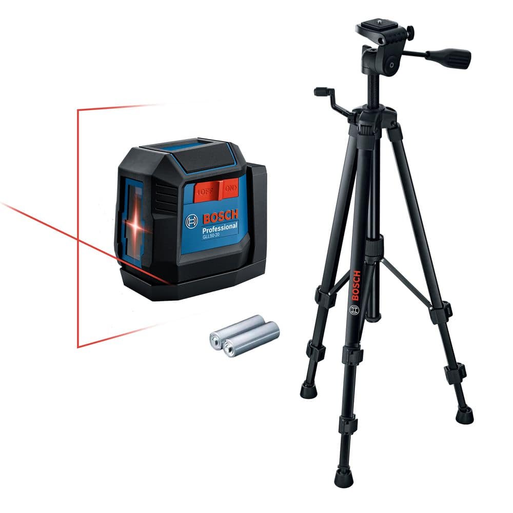 BOSCH 50 ft. Dual Power Battery Red Beam Self-Leveling Cross-Line Laser Level and Compact Tripod with Extendable Height (GLL50-20+BT150)