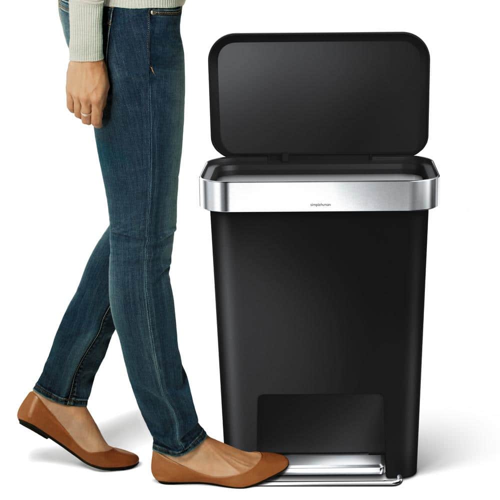 Black Plastic Rectangular Step Trash Can with Silent-Close Lid