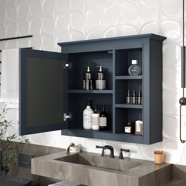 30 in. W x 28 in. H Rectangular Blue Wall-Mount Medicine Cabinet with Mirror and 3 Open Shelves, Bath Storage Cabinet