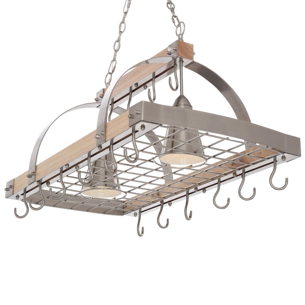 Natural Wood and Brushed Nickel 2-Light Ceiling Pot Rack