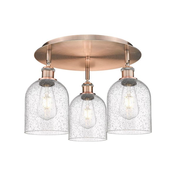 Bella 17.25 in. 3-Light Antique Copper Industrial Flush Mount with Seeded Glass Shade