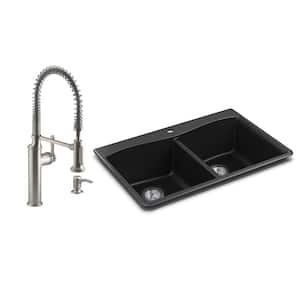Kennon Drop-in/Undermount Granite Composite 33 in. Double Bowl Kitchen Sink with Sous Kitchen Faucet in Matte Black