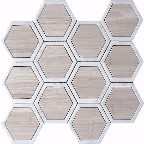 Apollo Tile White and Beige 4 in. x 5 in. Wooden Hexagon