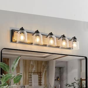 40 in. 5-Light Black Farmhouse Vanity Light Fixture with Brown Faux Wood Accent and Seeded Glass Shades