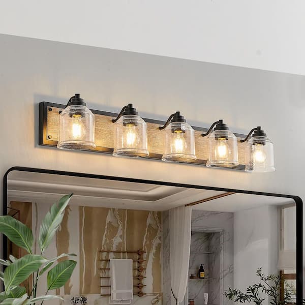 40 in. 5-Light Black Farmhouse Vanity Light Fixture with Brown Faux Wood Accent and Seeded Glass Shades