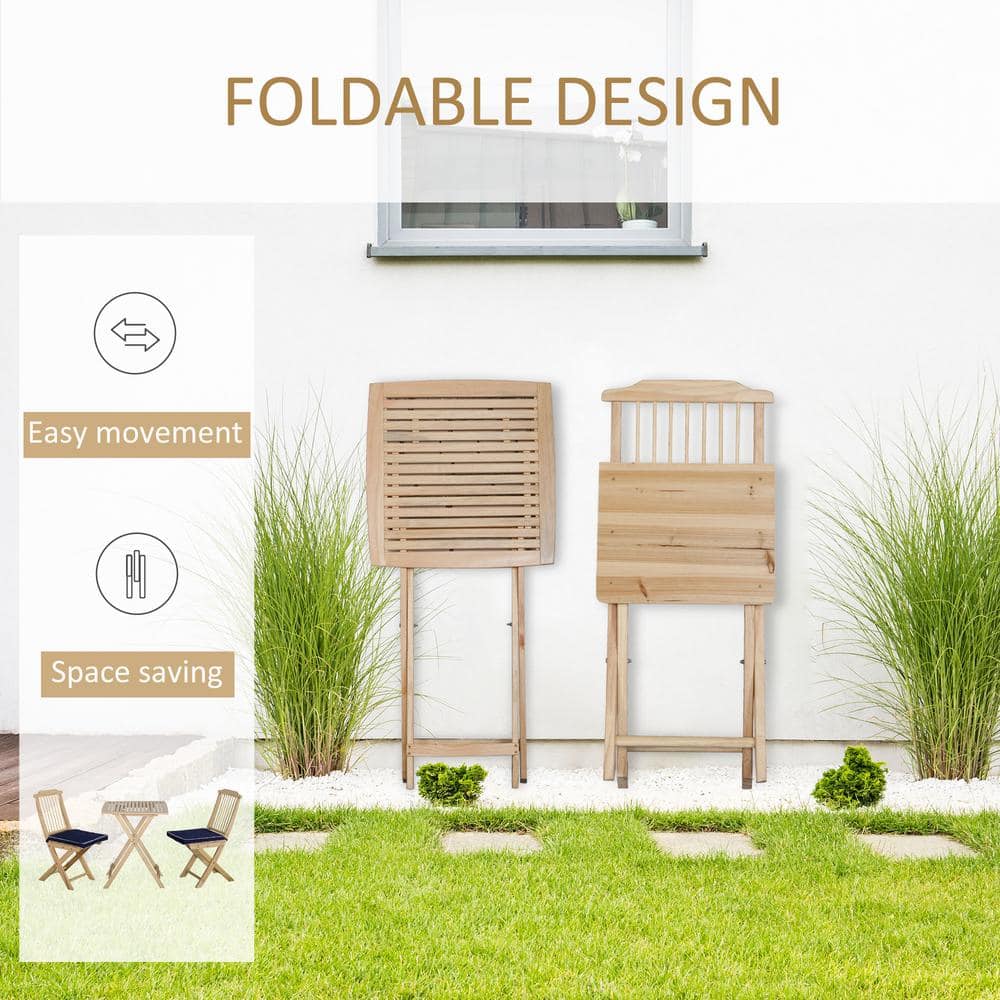 Dark Blue Pine Wood Folding Patio Bistro Set with Cushions