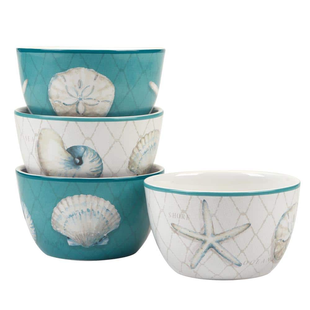 Ocean View Teal and Cream Ceramic Dessert Bowls, Set of 4