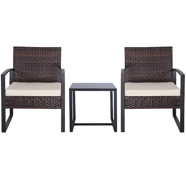 3 Pieces PE Wicker Metal Outdoor Conversation Set with Blue Cushions and Table