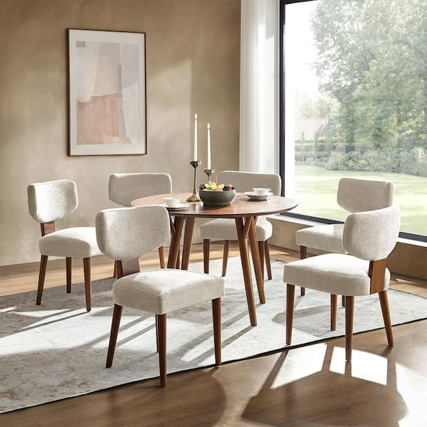 Lydia Beige Polyester Dining Chair with Solid Wood Legs and Curved Backrest Set of 3