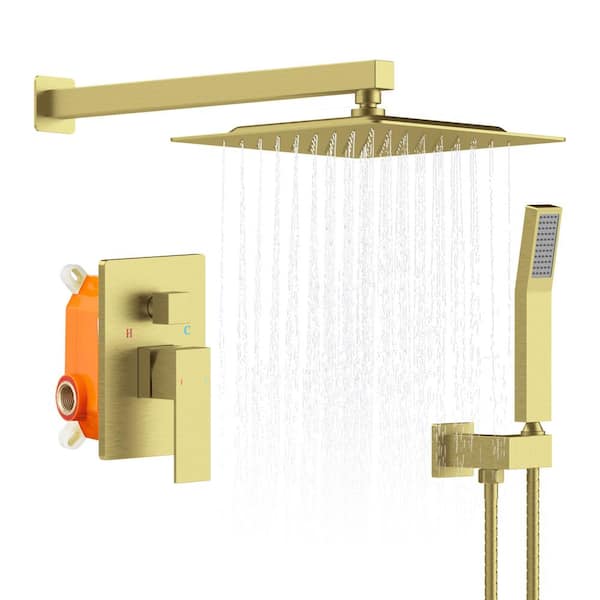 Unbranded 1-Spray Patterns with 1.8 GPM 12 in.Wall Mount Rain Fixed Shower Head with Brass Valve Rough-In in Brushed Gold