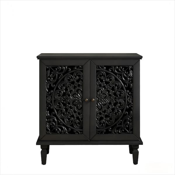 Black 31.5 in. H Solid Wood Accent Storage Cabinet with 2-Door, Adjustable Shelf Hollow-Carved Display Storage Sideboard