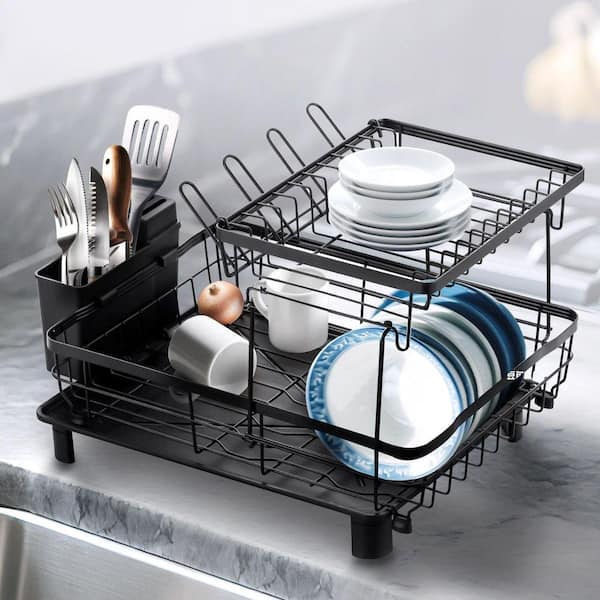 Dish Drainer - Expandable Dish Rack For Kitchen Counter, Stainless Steel Dish Drainer With Draining Board Set And Utensil Holder, Sink Drying Dish Strainer Rack (Black - View #3