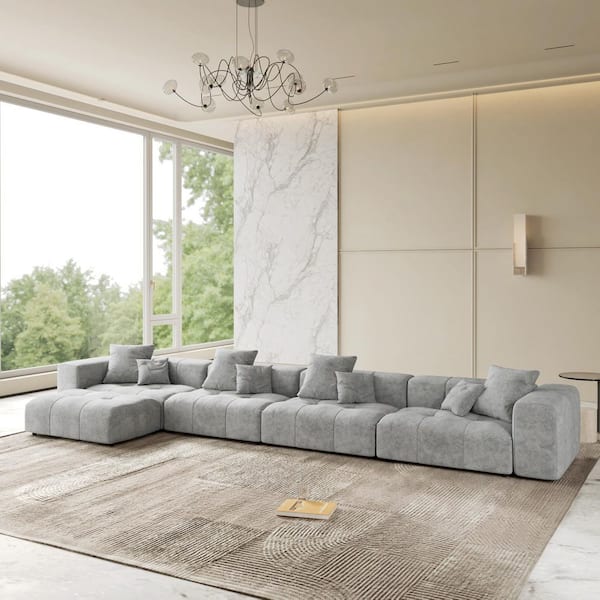 Oversized 183 in. 5-Piece Linen Modular Sectional Sofa, Extra Large Seat L-Shaped Cloud Couch with Ottoman in Gray