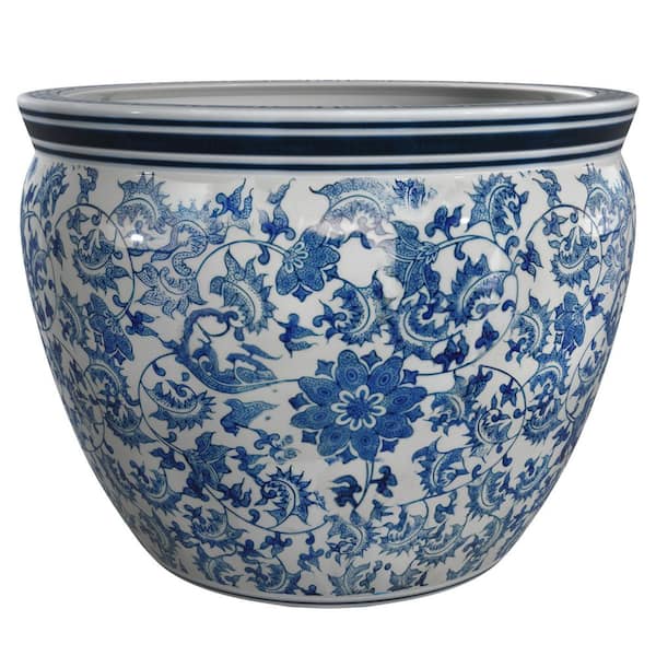 12 in. Floral Blue and White Porcelain Fishbowl