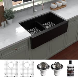 QA-750 Quartz/Granite 34 in. Double Bowl 50/50 Farmhouse/Apron Front Kitchen Sink in Black with Grid and Strainer