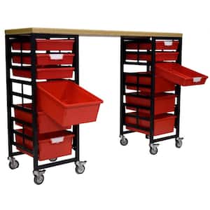 Mobile Workbench Storage Station With Wood Top -12 StorSystem Trays-Red