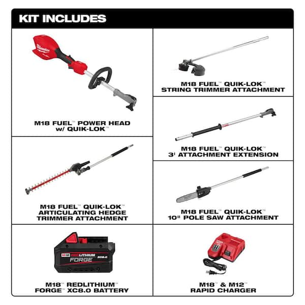 M18 FUEL 18V 10 in. Brushless Cordless QUIK-LOK Pole Saw 8.0 Ah FORGE Kit w/ String Trimmer & Hedge Trimmer Attachments