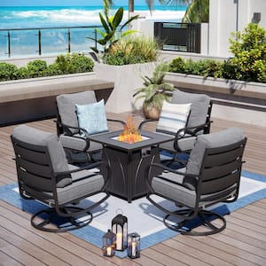 4 Seat 5-Piece Metal Outdoor Fire Pit Patio Set with Gray Cushions, Swivel Chairs and Square Fire Pit Table