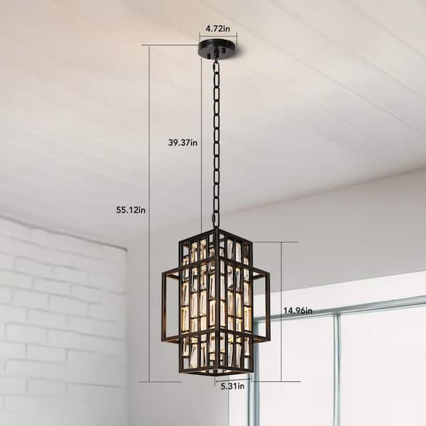 15'' Modern Black Metal Pendant Light with Crystal, Hanging Lantern Adjustable Chain for Porch Doorway (Bulb included)