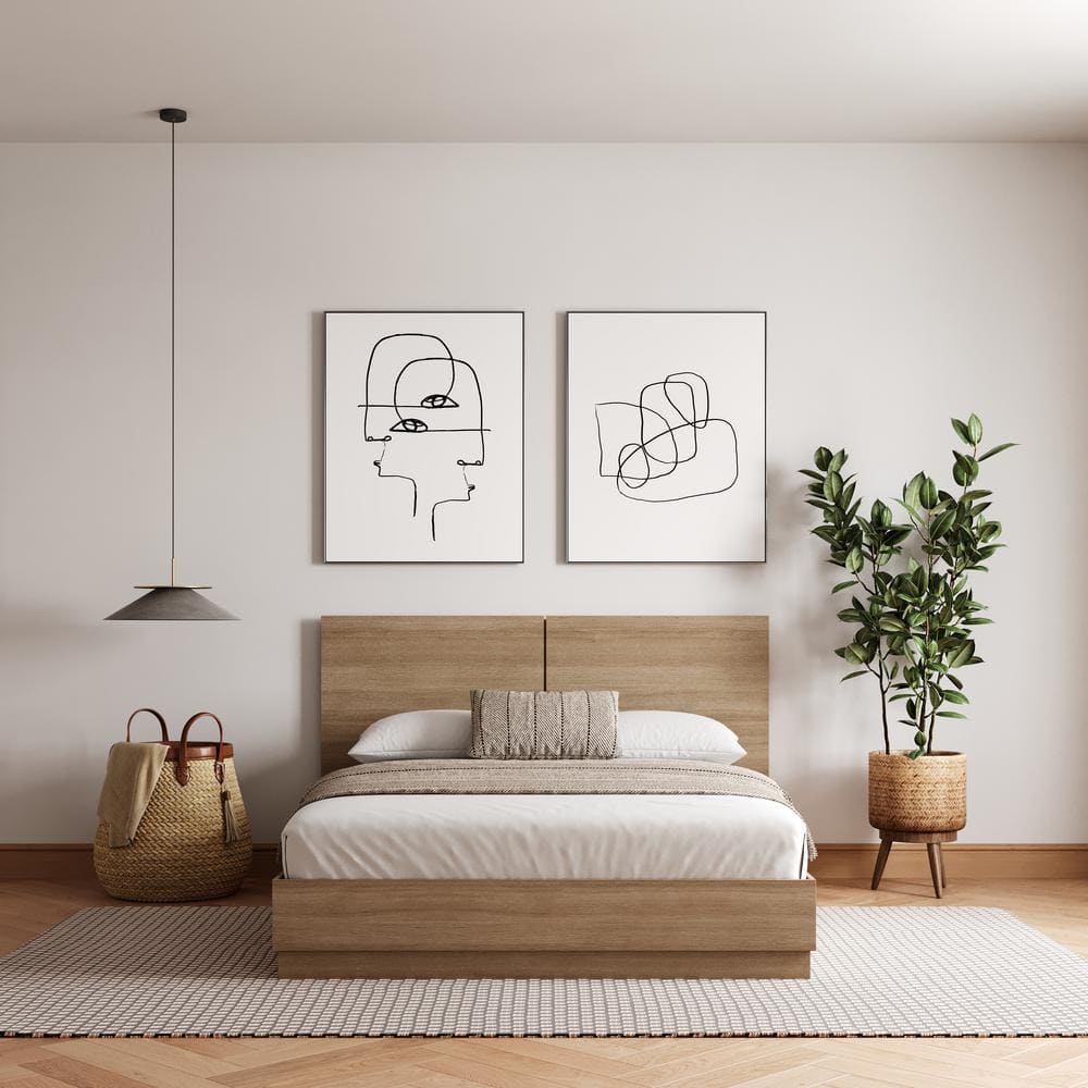 Queen Oak Wood Frame Upholstered Platform Bed with Headboard