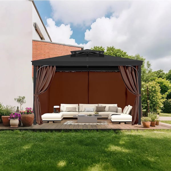 12 ft. x 12 ft. Outdoor Waterproof Gazebo Curtains, Privacy Sidewalls with Zippers, Replacement Sunshade, Coffee Color