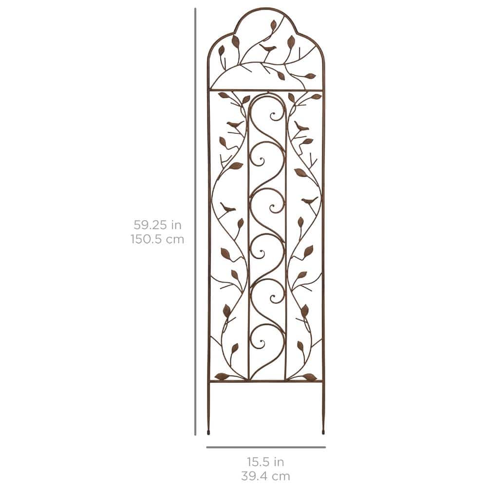Bronze Iron Arched Garden Trellis with Bird and Branch Design