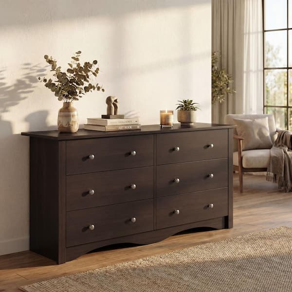 LACOO 47.2 in. 6 Drawer Double Dresser, MDF Chest Of Drawers Storage Tower  Storage for Living Room Bedroom, Brown V-WD-0158A-BN